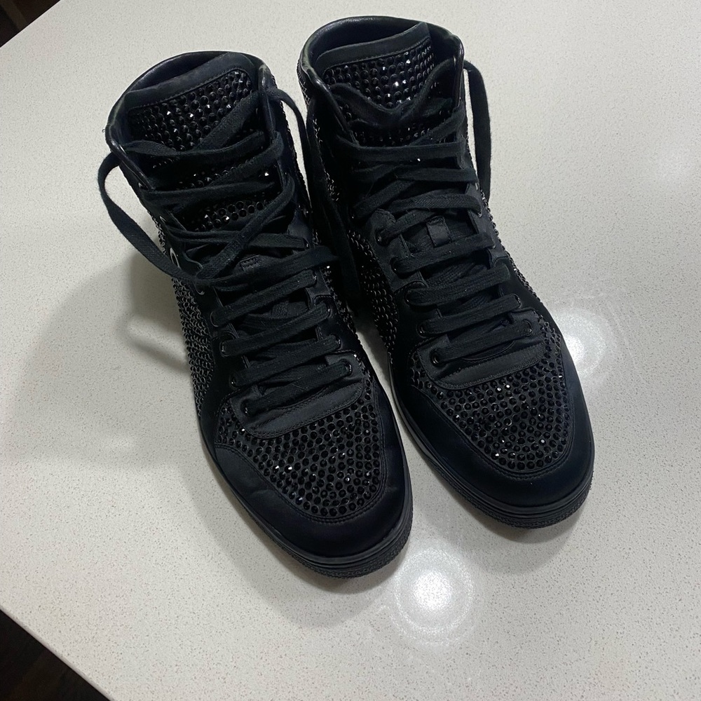 GUCCI 337450 Mens Satin Black Swarovski Crystals Hightop Sneakers